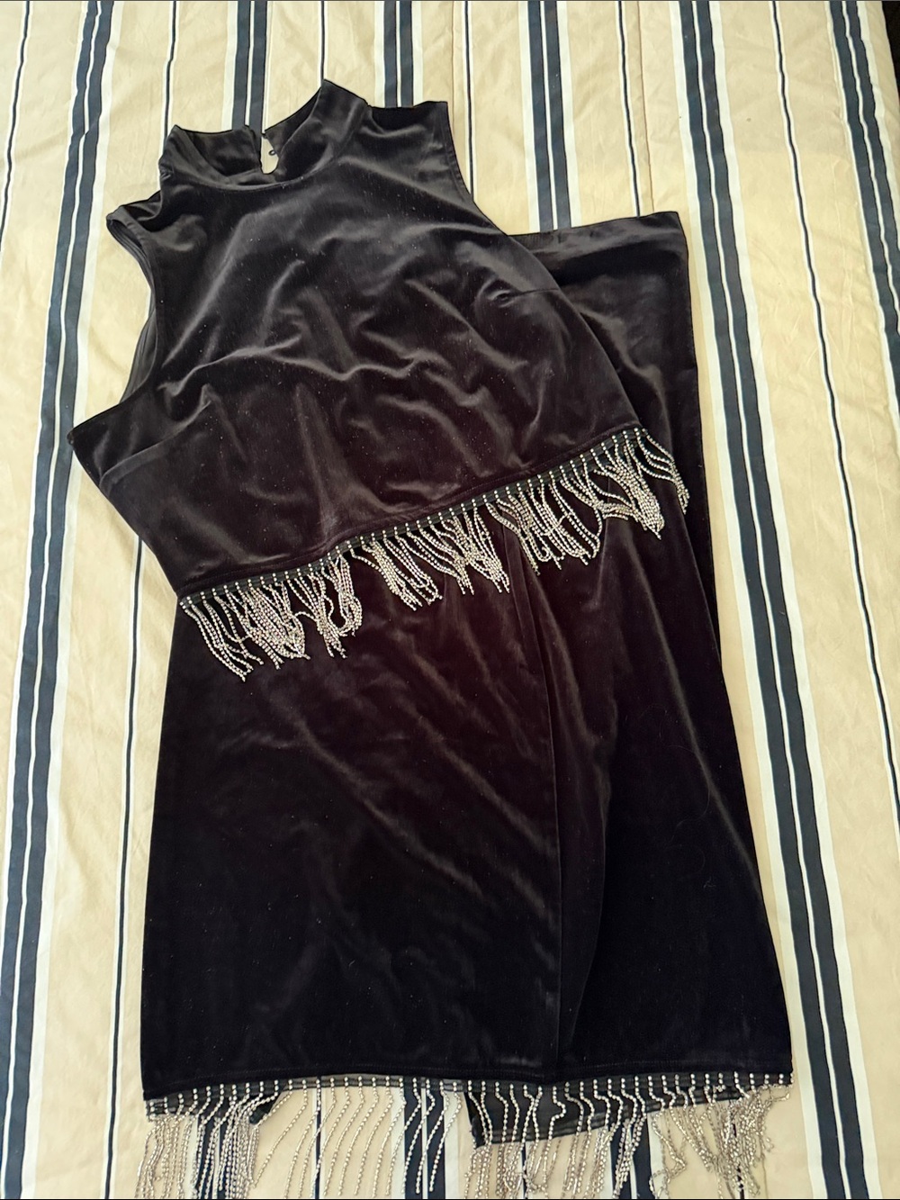 Black Velvet Beaded Fringe Set- Top & Skirt